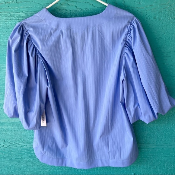 CHICO’S No Iron Stretch Blue Shadow Stripe Top Balloon Sleeves Size Medium NWT - Picture 8 of 9